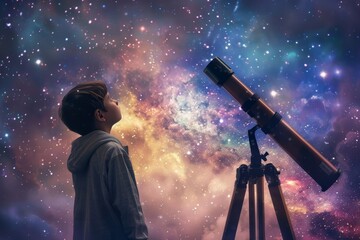 A boy uses a telescope to observe stars in the night sky, A boy with a telescope, gazing up at the stars