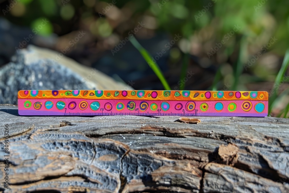 Poster close-up of a colorful ruler resting on a textured tree trunk in nature, a brand new ruler with vibr