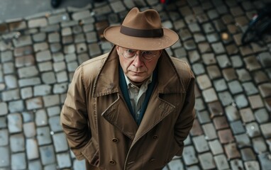 A man in a trench coat and hat standing on a cobblestone street
