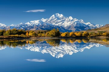 Fototapeta premium Snowcapped mountain range reflected in the calm water of a lake, A breathtaking view of a snow-capped mountain range reflected in a glassy alpine lake