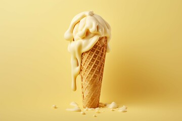 Drippy Melted ice cream and wafer cone. Summer food scoop dessert sweet. Generate Ai