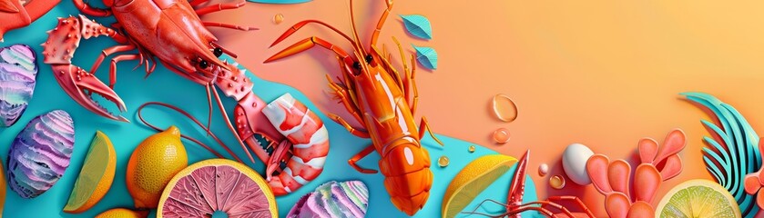 Futuristic illustration Pop art color of seafood, reimagined for Easter Sunday with a paper art...