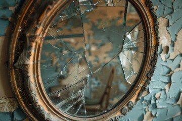 A broken mirror with shards sitting on top of a blue wall, reflecting a fractured image, A broken mirror reflecting the fractured dynamics within a family unit