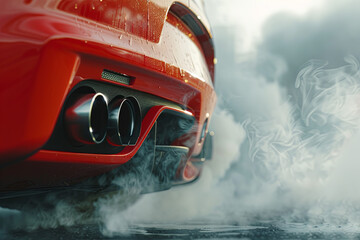 Close up of a red car dual exhaust pipe with smoke around it
