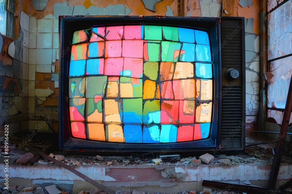 Poster Old television set displaying a vibrant multicolored pixelated pattern on the screen, A broken TV screen with colorful pixelated patterns