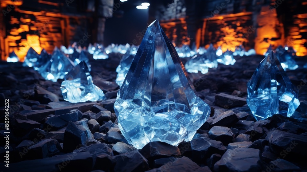 Wall mural Glowing crystal formations in a dark cave