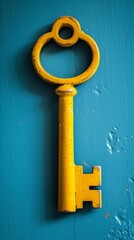 Yellow vintage key on a blue textured background