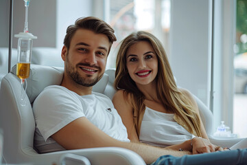 Maintenance and restoration of human immune system with vitamin IV infusion therapy. Beautiful woman with her boyfriend in modern wellness center during intravenous vitamin therapy
