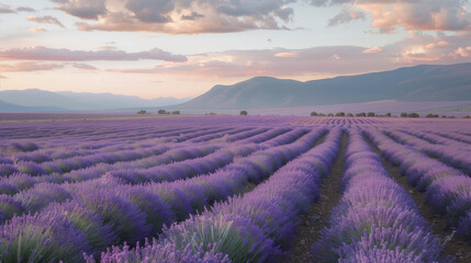 A lavender field in full bloom, with rows of purple flowers stretching as far the eye can see under...