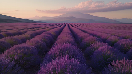 A lavender field in full bloom, with rows of purple flowers stretching as far the eye can see under a pastel sky.