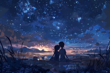 Fototapeta premium Brother and sister sitting together under a night sky filled with twinkling stars, A brother and sister sharing a secret under the stars