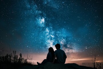 Brother and sister gaze at the stars while sitting on a hill, A brother and sister sharing a secret under the stars