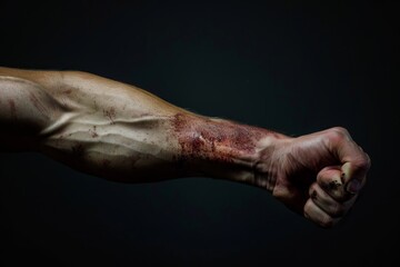 Fototapeta premium A hand with visible blood stains against a dark backdrop, portraying a sense of emergency and danger, A bruised and swollen bicep, indicative of trauma