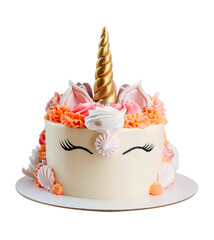 Bright beautiful unicorn cake with golden fondant horn, twisted lollipops, macaroons and meringues on neutral background, isolated, PNG