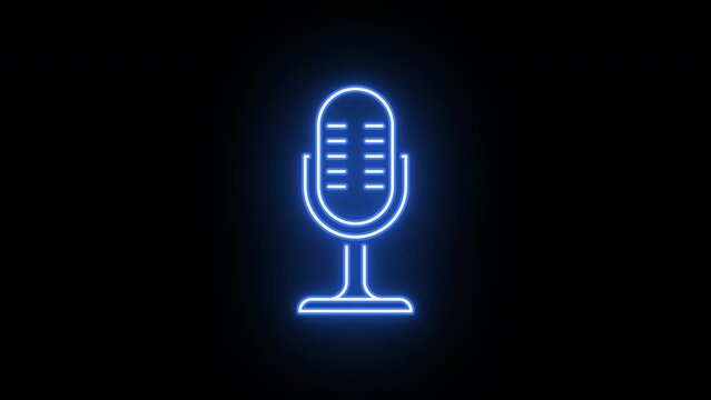 Neon mic icon animation, flickering emergence and fading. Glowing neon microphone sign, looped animation. Audio podcast, live voice interview, on air, radio show, sound record. Violet, blue, azure