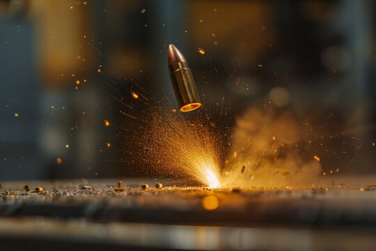 A bullet hitting the ground with force, causing an explosion of debris and dust, A bullet hitting a steel plate with a loud clang