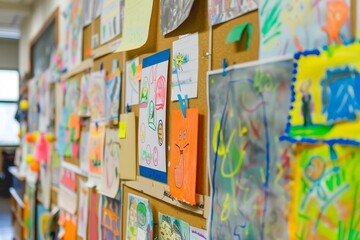 A collection of colorful childrens artwork adorns a wall in a vibrant and creative display, A bulletin board covered in students' artwork and achievements