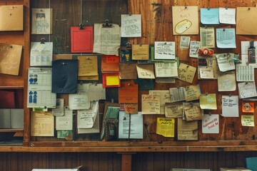 Wall displaying diverse papers including announcements, flyers, and notices in a chaotic manner, A bulletin board filled with announcements and upcoming events