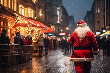Back view of santa walking down a festive city street with holiday decorations on a snowy night