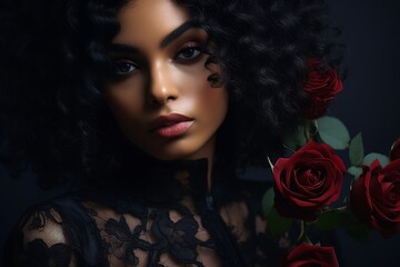 Mysterious woman with dark curly hair and red roses