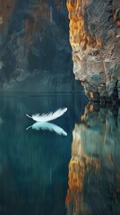 Feather floating on calm lake near cliffs reflected in the water.