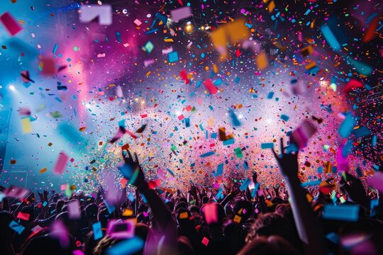 A lively crowd of people at a concert, surrounded by falling confetti and colorful streamers, A burst of confetti rains down on the ecstatic audience, adding to the festive atmosphere