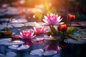Vibrant lotus flowers blooming in a tranquil pond