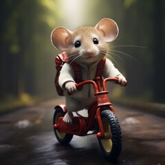 Cute mouse wearing bag and riding cycle, mouse wearing school bag