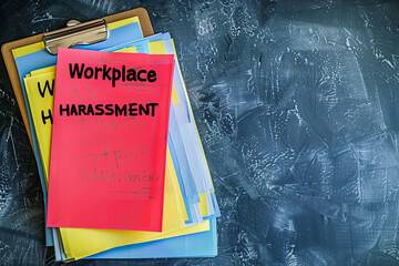 Documents about workplace harassment in an office, with writing " Workplace HARASSMENT "
