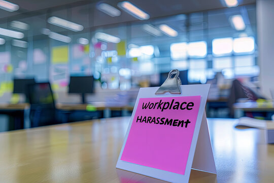 Documents about workplace harassment in an office, with writing " Workplace HARASSMENT "
