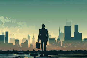 A businessman holding a briefcase stands confidently in front of a city skyline, A businessman holding a briefcase, with a city skyline in the background