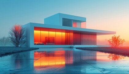 Sleek white house reflecting the sunrise on a frosty morning