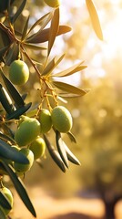 green olives on a branch, Green olives in sunrise