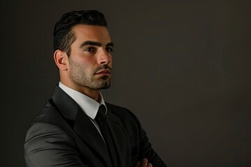Fototapeta premium Man in sharp suit and tie strikes a pose for a photo, A businessman in a sharp suit, deep in thought