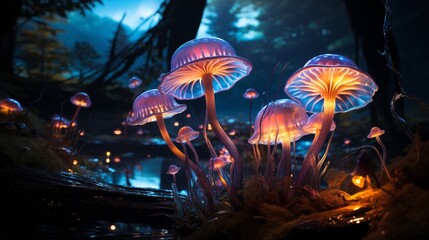 Glowing mushrooms in a fantasy forest at night