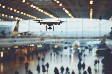 A drone is flying over a crowd of people in an airport