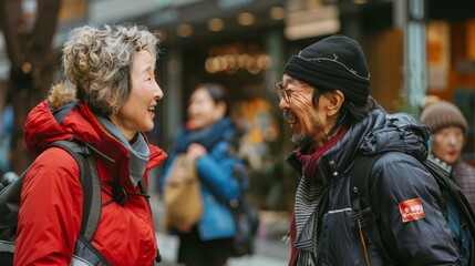 Fototapeta premium Senior couple laughing outdoors, great for travel and lifestyle segments targeting older adults.