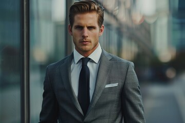 Fototapeta premium A confident business man in a tailored suit and tie standing in front of a modern office building, A business man in a tailored suit standing confidently
