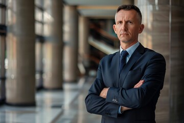 Fototapeta premium A man in a suit and tie standing confidently with his arms crossed, A businessman in a sleek suit, standing confidently with arms crossed