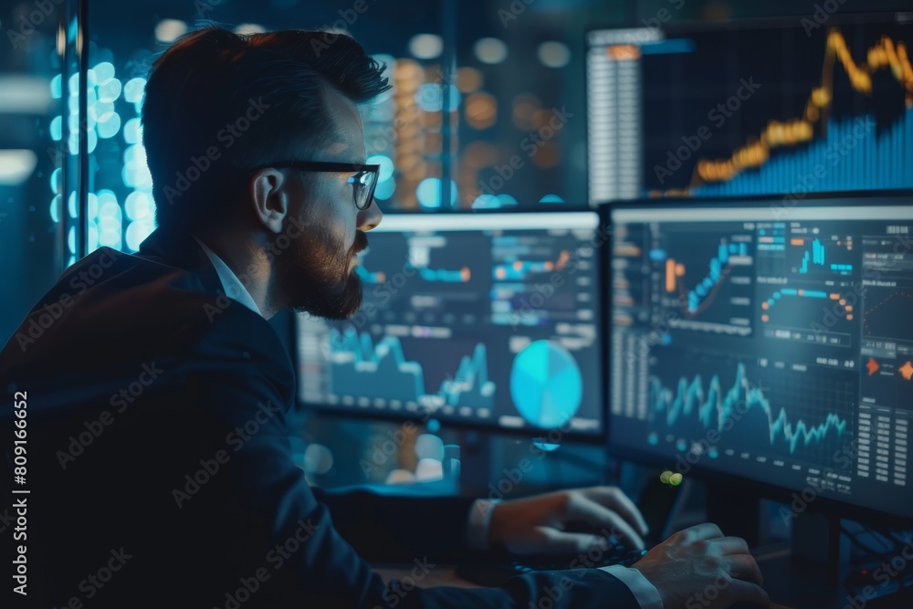 Poster a man sitting in front of a computer monitor, examining charts and graphs for analysis, a businessma