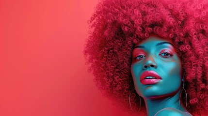 Stylish digital portrait of an Afro woman in red, her vivid curly hair contrasting with a surreal...