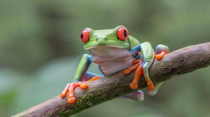 Fototapeta premium Stunning close-up photograph of a red-eyed tree frog, showcasing its vibrant green body and striking red eyes perched on a branch.