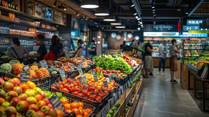 A busy grocery store with people shopping for produce