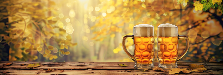 Two glasses of beer on a wooden table, Oktoberfest background, space for text