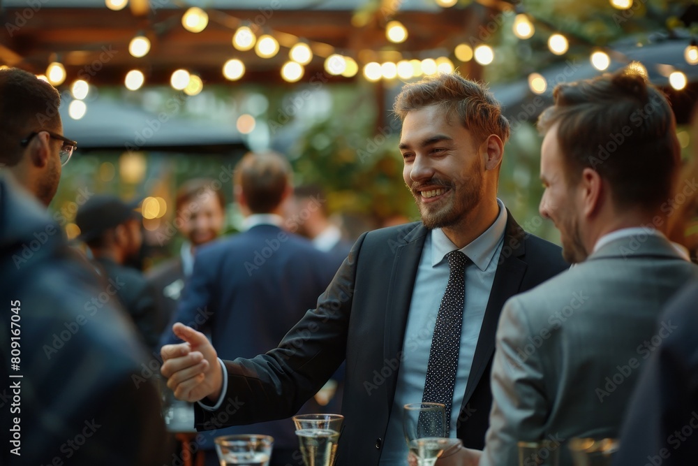 Poster several businessmen engaged in conversation and networking at a table during a social event, a busin