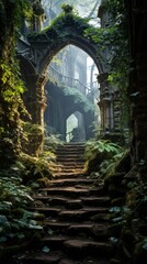 Obraz premium Enchanted forest archway with moss-covered steps