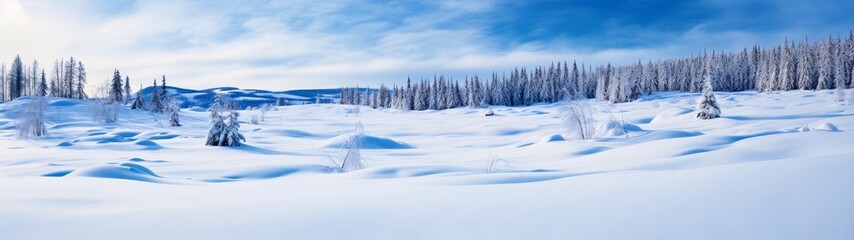 Snowy winter landscape with pine trees