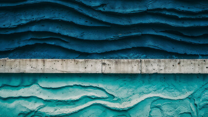 Concrete wall with deep grooves and curves, rough grunge surface texture painted in gradient blue color shades. 
