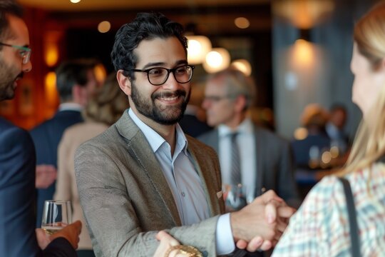 Businessman networking at social event shakes hands with a woman, A businessman networking at a social event, shaking hands