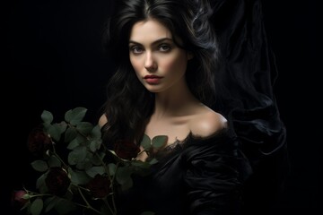 mysterious woman with dark hair and roses